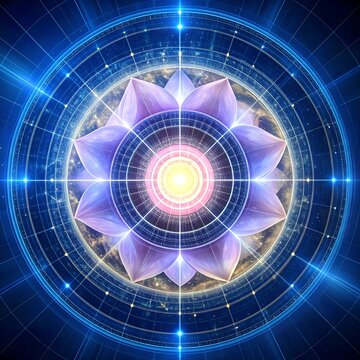Harmonious sacred geometry lotus flower radiating divine energy within a cosmic blueprint