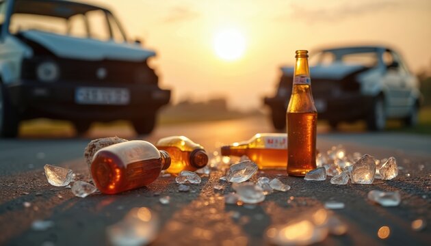 Car accident alcohol bottles on road. Crash with broken car damaged from collision. Drunk driver caused dangerous, critical situation, causing injury, accident, wreck. Concept drinking alcohol