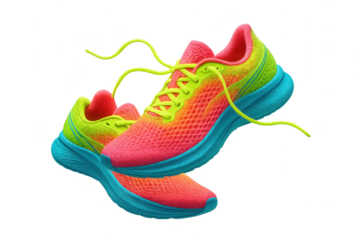 Pair of vivid running shoes isolated on transparent background, bright and colorful