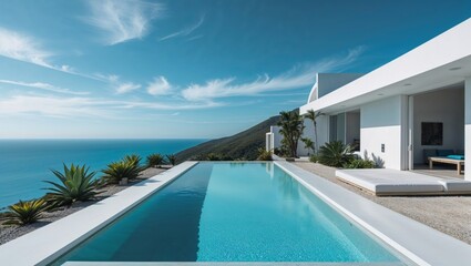 A luxurious villa with an infinity pool offers stunning ocean views on a sunny day.