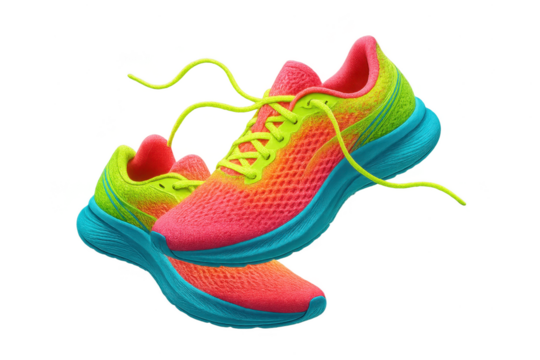 Pair of vivid running shoes isolated on transparent background, bright and colorful