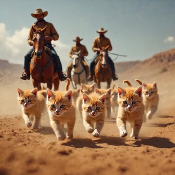Cowboys herding group orange tabby kittens on dusty desert. Men on horses in hats wrangle cats on dirt path. Western old west parody concept with animals.