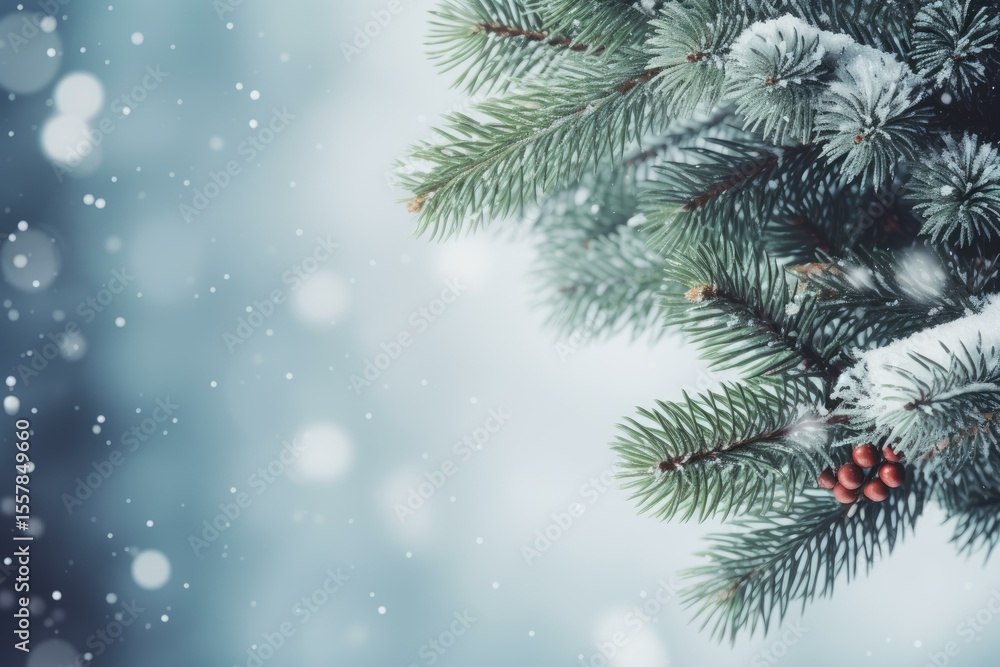 Poster christmas background showing snowy pine tree branches with red berries during a snowfall and bokeh e