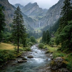 Obraz premium Majestic mountain valley, flowing river, waterfall, and lush trees