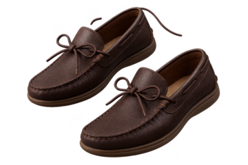 Elegant brown leather moccasins isolated on transparent background, perfect pair