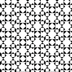 black and white seamless pattern, geometric pattern, repeating squares and triangles, creating a tessellated design, squares or star-like figures, contrasting black and white elements.