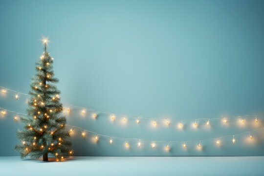 Decorated christmas tree with string lights illuminating a light blue wall, perfect for christmas and holiday season