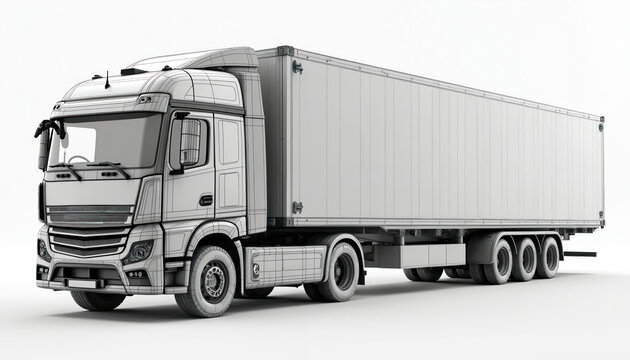 European truck with cargo trailer wireframe model. Commercial vehicle for freight transportation, delivery, logistics, shipping. Haulage industry. White background studio shot for business.