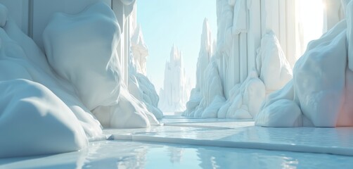 Futuristic 3d render abstract crystal building. Modern architectural design soft, blue, white colors, interior tunnel, triangle pattern. Empty hall, geometric dais, light reflection, glasses effect.