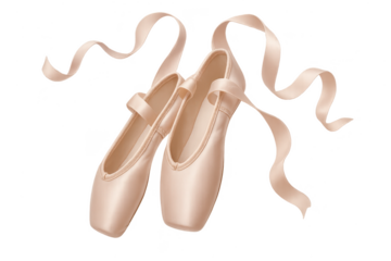 Elegant ballet pointe shoes isolated on transparent background, with ribbons