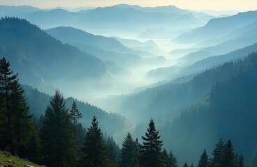 Majestic mountain valley view covered with blue fog. Early morning, spring season, sunrise with sunlight. Trees and forest with country houses. Fresh natural idyllic environment.