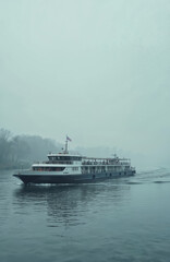 Barge boat sails on the Rhine river in foggy day. Commercial ship for cargo transport in Europa. Trade freight transportation, logistic, water, waterway.