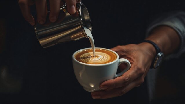 Close-up of barista's hands pouring hot milk into espresso cup, coffee foam,cafe,hot,white