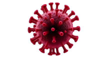 Detailed red coronavirus particle with spikes showcases the pandemic virus on a transparent background, highlighting infectious disease.