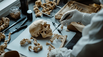 A forensic anthropologist analyzing skeletal remains in a forensic anthropology laboratory, with human skull, remains and forensic investigation tools visible