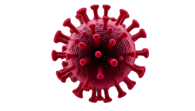 Detailed red coronavirus particle with spikes showcases the pandemic virus on a transparent background, highlighting infectious disease. - Powered by Adobe