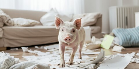 A Curious Piglet Playing in a Messy Living Room, Exploring Its Cozy Environment with Joy