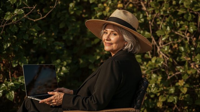 Portrait of grandmother wearing hat sitting outdoors with laptop,summer,old,nature - Powered by Adobe