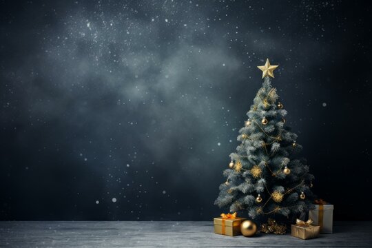 Decorated christmas tree with golden ornaments and gifts underneath, set against a snowy dark blue backdrop, evokes a magical holiday atmosphere - Powered by Adobe