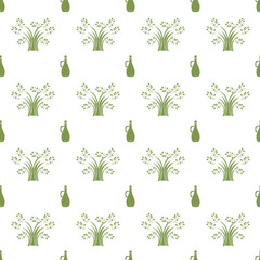 Jug of oil and olive tree. Seamless pattern. Vector illustration.