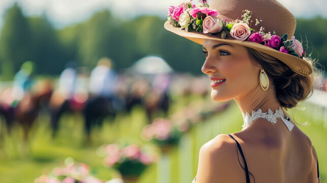 Woman in beautiful hat watching horse race. - Powered by Adobe