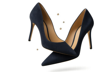Elegant navy blue suede high heel shoes isolated on transparent background, fashion