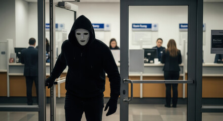 masked bank robber exiting financial institution during daylight heist