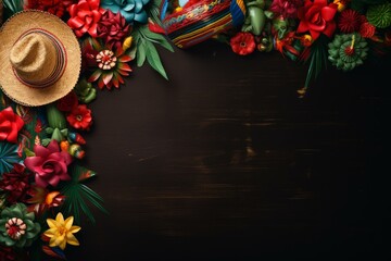 Fototapeta na wymiar Colorful arrangement of mexican crafts and flowers framing a dark wooden background, celebrating traditions and culture