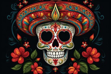 Sugar skull with sombrero and flowers celebrating dia de los muertos, a vibrant illustration honoring mexican tradition