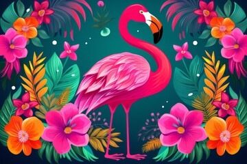 Fototapeta premium Illustration of pink flamingo surrounded by colorful tropical flowers and plants, creating a vibrant and exotic scene