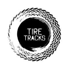 Grunge circle tire track, wheel braking mark. Truck, car or motorcycle tread pattern silhouettes. Auto race, motorsport, speed racing design element. Vector illustration
