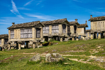 The communitarian granaries, called espigueiros, in the village of Lindoso, Peneda National Park,...