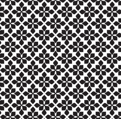black and white seamless pattern, geometric pattern, repeating design, four-petal flower-like motifs, petal is a rounded, elongated shape, creating a seamless, tessellated pattern, curved shapes, grid
