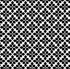 black and white seamless pattern, geometric pattern, repeating design, four-petal flower-like motifs, petal is a rounded, elongated shape, creating a seamless, tessellated pattern, curved shapes, grid
