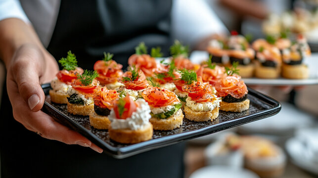Close-up of a waiter serving gourmet finger food on a tray at an elegant cocktail party. Appetizers, canapés, and desserts beautifully arranged for wedding or upscale event. Celebration atmosphere.

 - Powered by Adobe