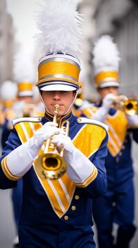 A marching band marches during a parade in full dress uniform