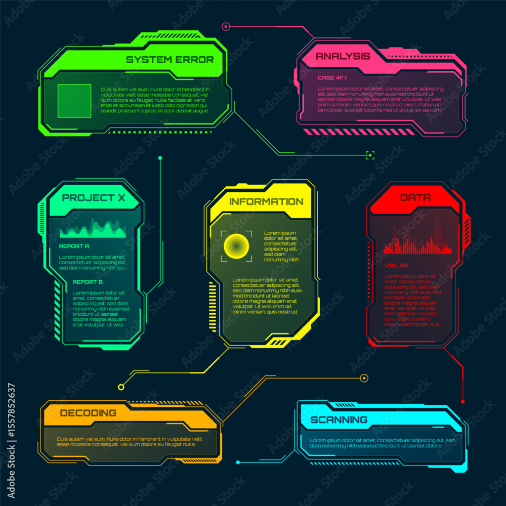 Fototapete futuristic hud or ui elements. sci-fi user interface text boxes, callouts. colorful warning message 