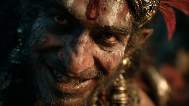 Photorealistic depiction of Narada, the celestial sage, exuding mischief and provocation. The mood is intense and dramatic, reflecting themes of conflict from hindu mythology. 