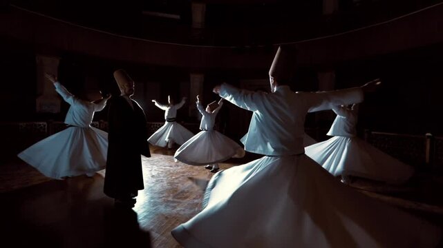 Whirling Semazens Performing Sufi Ritual Dance Around Spiritual Guide in Mevlevi Lodge