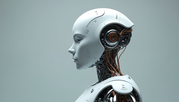 Futuristic humanoid robot side profile against clean background. High tech android design, female face details, cyborg tech. AI in future tech, automation, robotics.