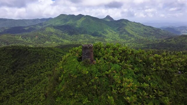 Epic Aerial View of El Yunque Observatory Tower Amid Vast Puerto Rican Forest