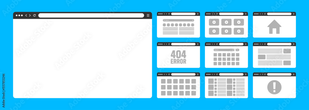 Fototapete Web browser window, pages layout with toolbar and search field. Modern website, internet page in flat style. Browser mockup for computer, tablet and smartphone. Adaptive UI. Vector illustration
