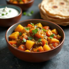 Undhiyu mixed vegetable dish, Gujarati specialty Surat India. Seasonal winter mix of fresh vegetables, spices, served in bowl. Side dish with puri, roti. Vegetarian cuisine, healthy meal, tasty