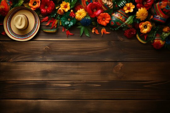 Vibrant mexican decorations arranged on a dark wooden table create a festive backdrop, ideal for cinco de mayo celebrations