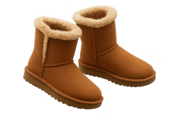 Pair of brown winter boots with fur trim isolated on transparent background