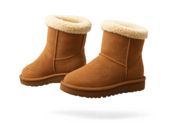 Pair of brown UGG style winter boots isolated on a transparent background studio
