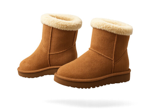 Pair of brown UGG style winter boots isolated on a transparent background studio