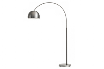 Sleek metallic arc floor lamp featuring round shade, illuminating minimalist interior with transparent background, ideal for design concepts
