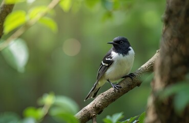Obraz premium Black-and-white warbler perched on branch. Bird in natural habitat with blurry green background. Avian wildlife, spring, summer, nature and bird watching. Small bird, forest ecosystem.