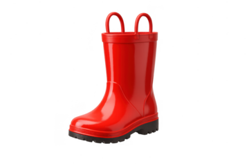 Bright red rubber boot isolated on transparent backdrop, wellington boot.